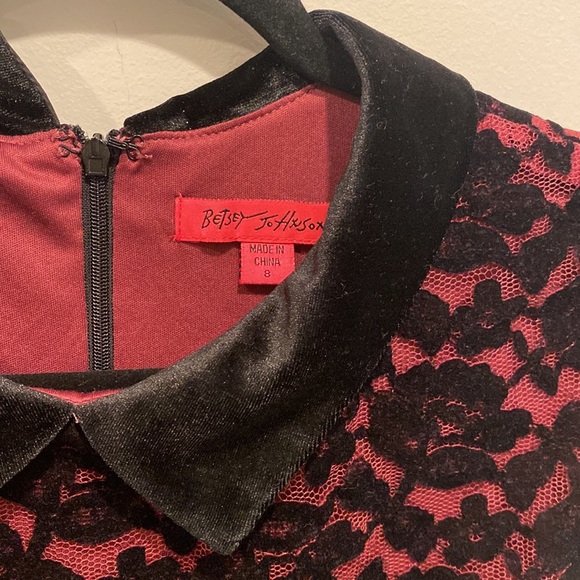 Vintage Betsey Johnson Black Rose Lace Maroon Pink Collared A-Line Dress Size 8 - Picture 4 of 8